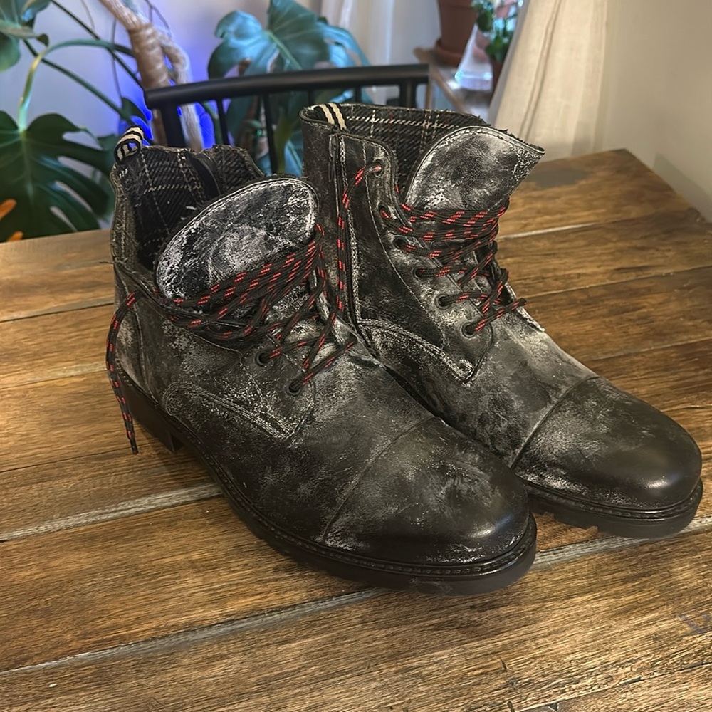 Worn once- Donna Karan men’s leather combat boots with white distressed detail